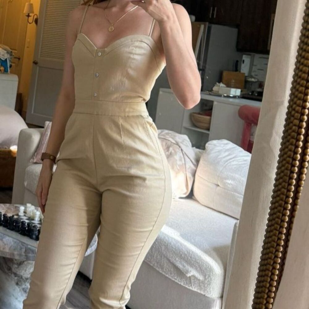 L’Academie Revolve Beige Button Front Linen Blend Jumpsuit Size S